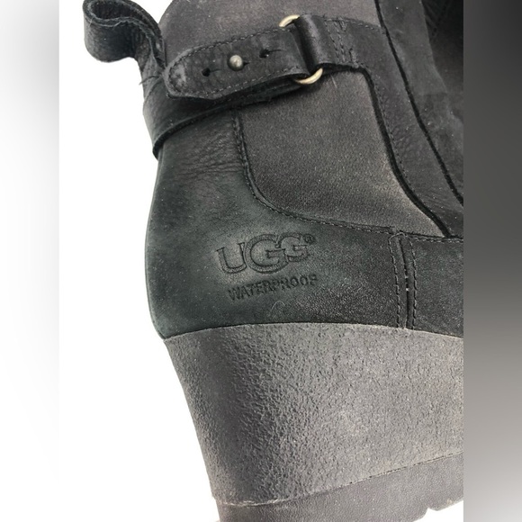 UGG Indra Waterproof Wedge Booties Black Suede Leather Ankle Boots Size 10 - Picture 2 of 10